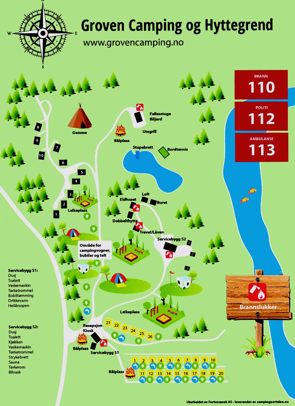 Kart over Groven Camping og Hyttegrend